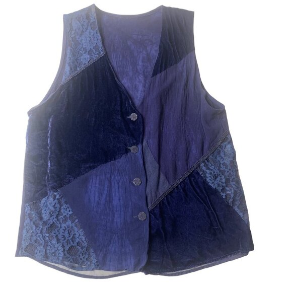Blue Velvet and Lace Patchwork Button Up Lined Lightweight Vest Women’s Large - Picture 8 of 8